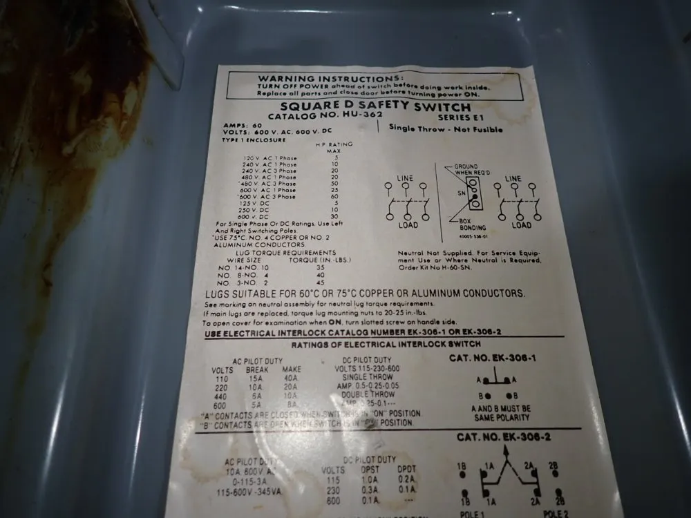 Square D 60 Amps Non Fusible Disconnect - Hu-362