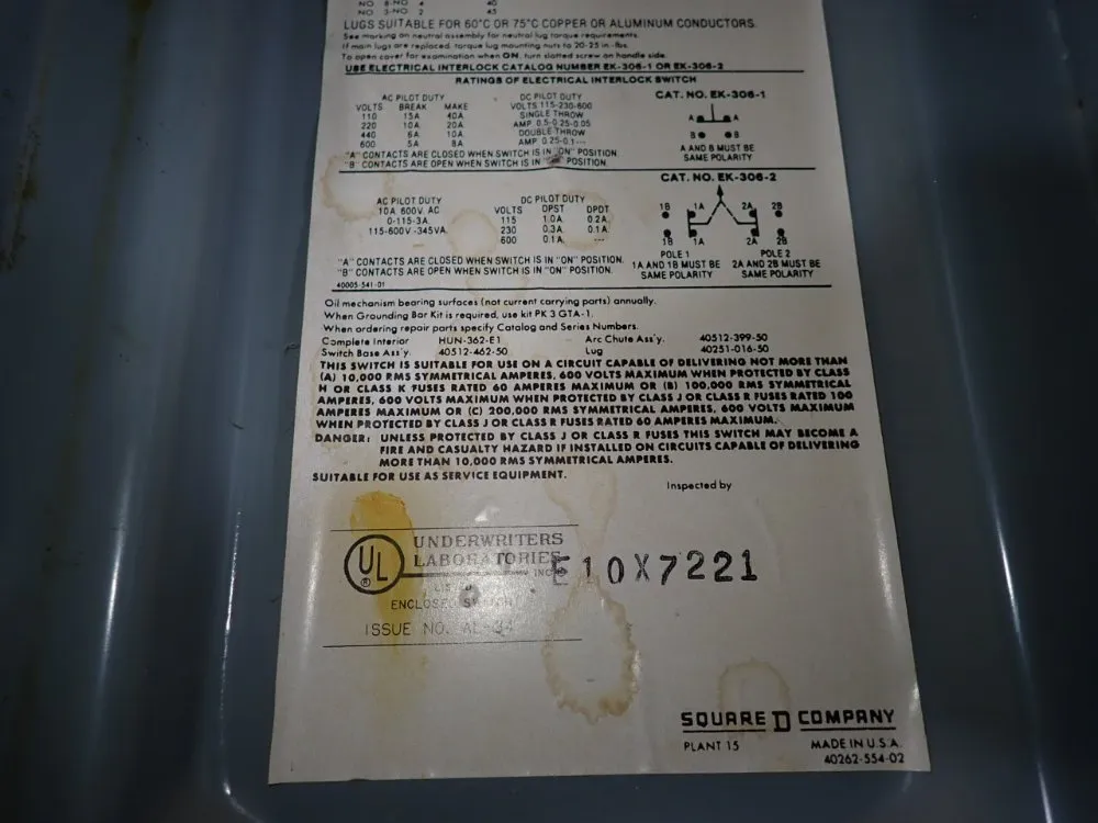 Square D 60 Amps Non Fusible Disconnect - Hu-362