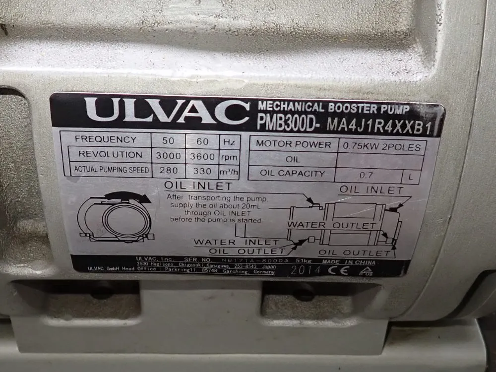 Ulvac .75 Kw Mechanical Booster Pump - Pmb300d-ma4j1r4xxb1