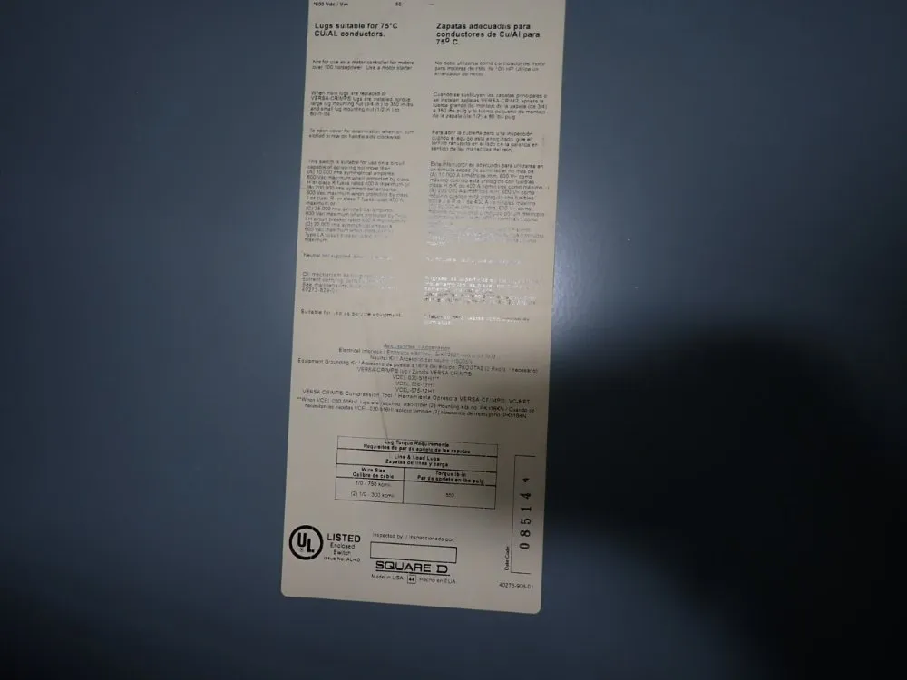 Square D 400 Amps Non Fusible Disconnect - Hu365