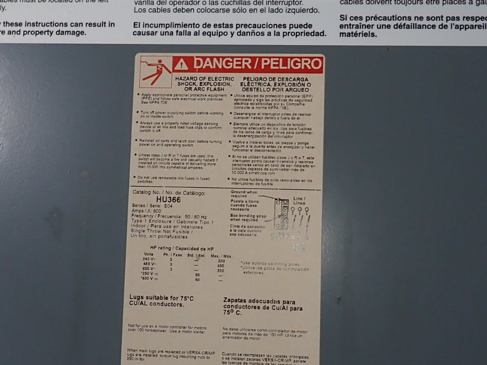 Square D 600 Amps Non Fusible Disconnect - Hu366