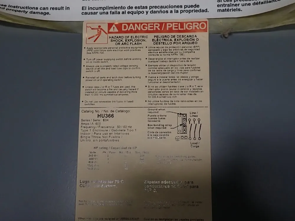Square D 600 Amps Non Fusible Disconnect - Hu366