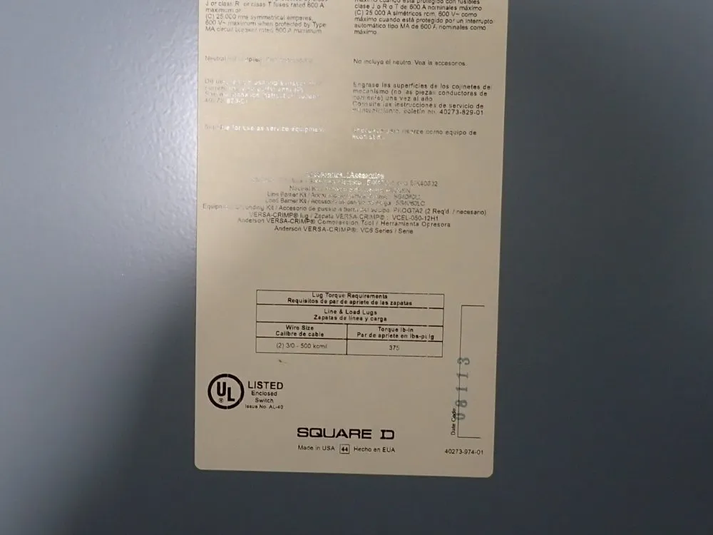 Square D 600 Amps Non Fusible Disconnect - Hu366