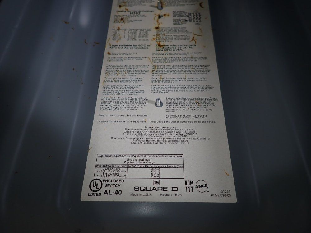Square D 60 Amps Non Fusible Disconnect - H362