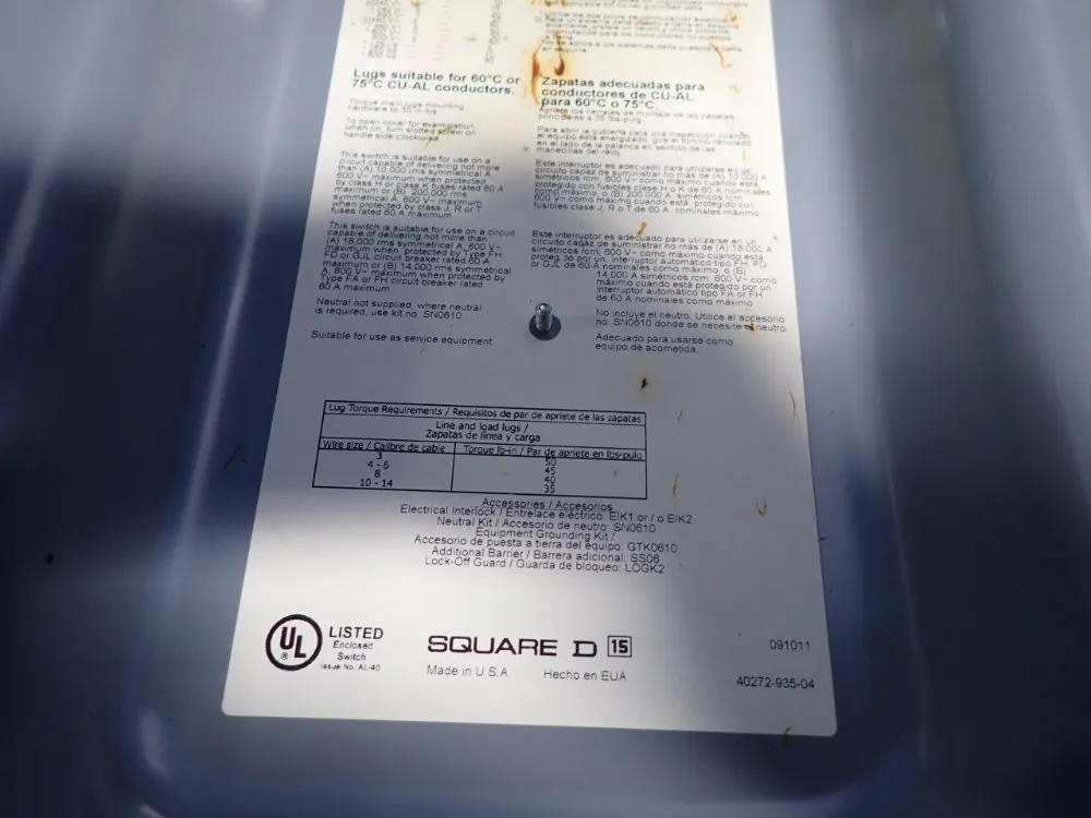 Square D 60 Amps Non Fusible Disconnect - Hu362