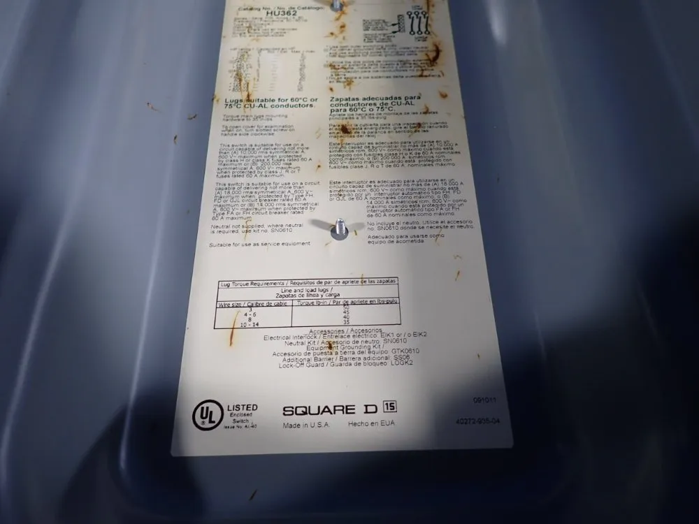 Square D 60 Amps Non Fusible Disconnect - Hu362