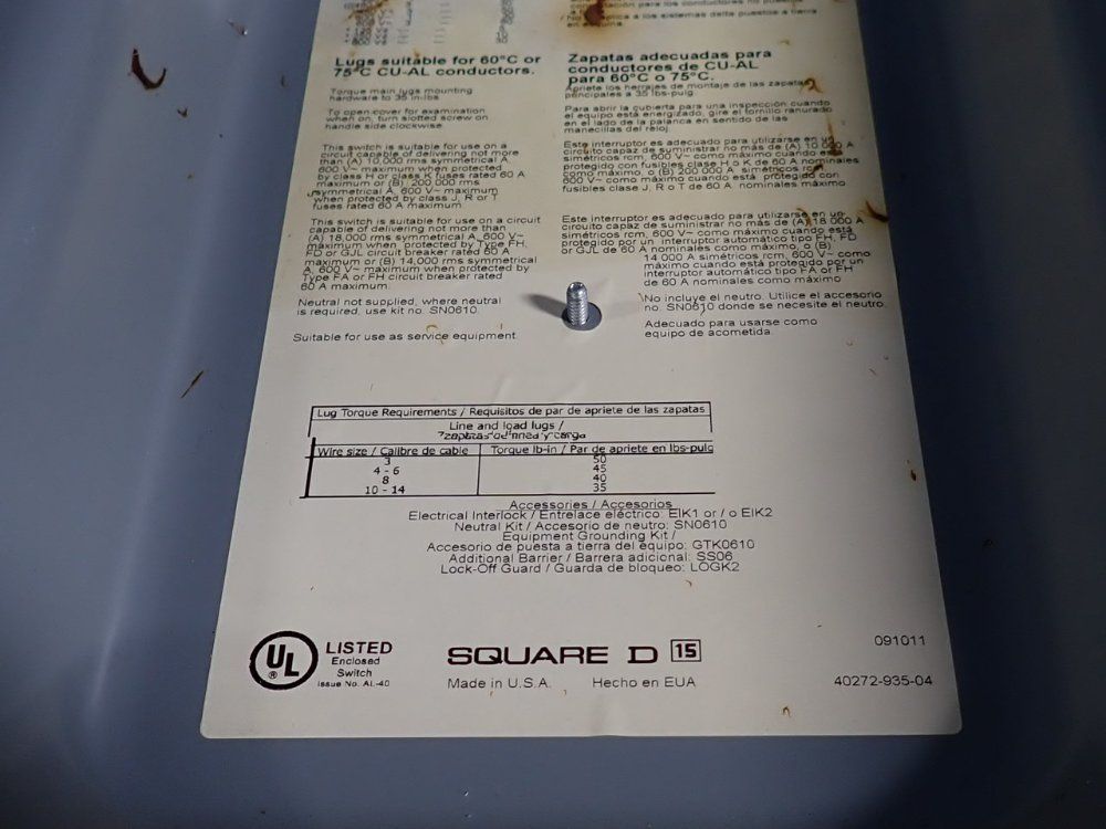 Square D 60 Amps Non Fusible Disconnect - Hu362