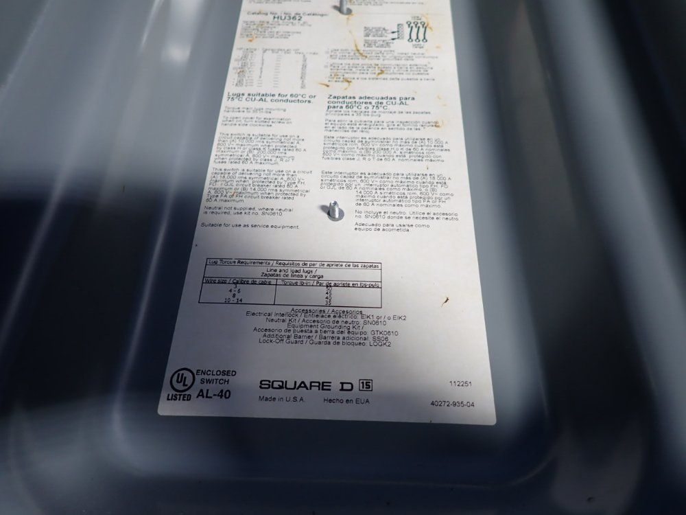 Square D 60 Amps Non Fusible Disconnect - Hu362