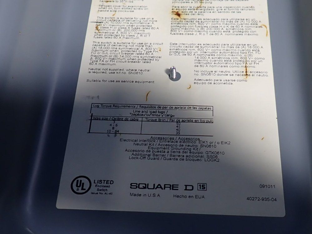 Square D 60 Amps Non Fusible Disconnect - Hu362
