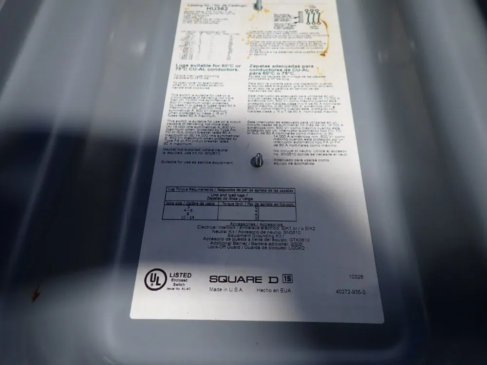 Square D 60 Amps Non Fusible Disconnect - Hu362