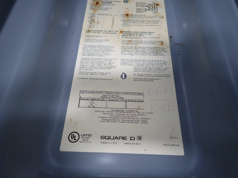 Square D 60 Amps Non Fusible Disconnect - Hu362