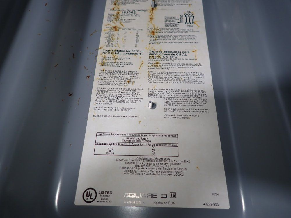 Square D 60 Amps Non Fusible Disconnect - Hu362