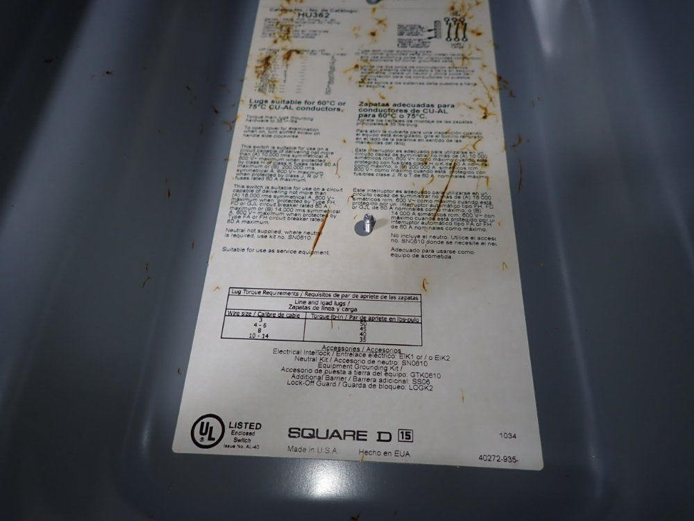 Square D 60 Amps Non Fusible Disconnect - Hu362