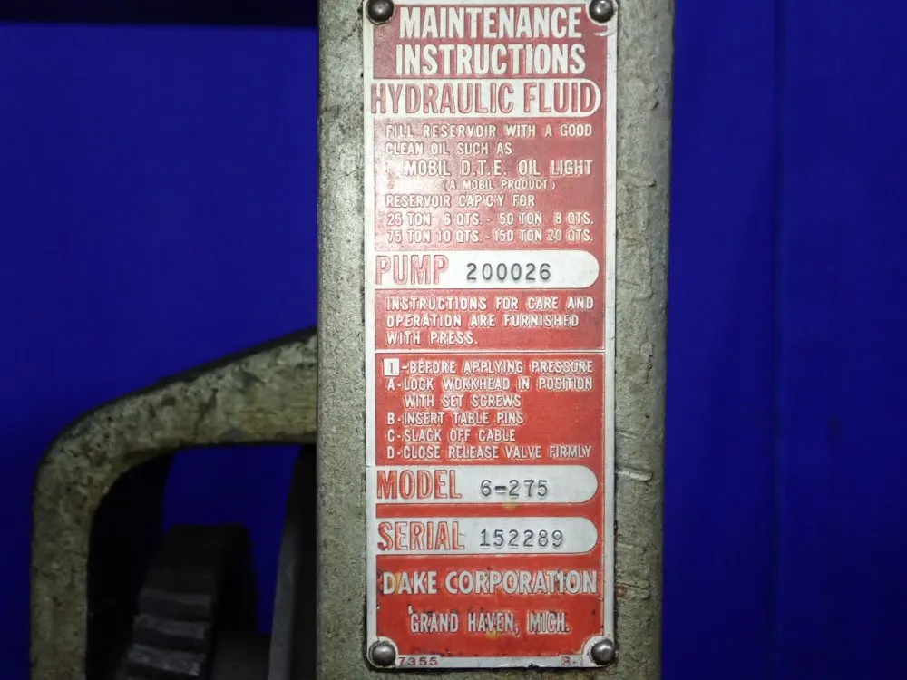 Dake 75 Ton H-frame Press - 6-276