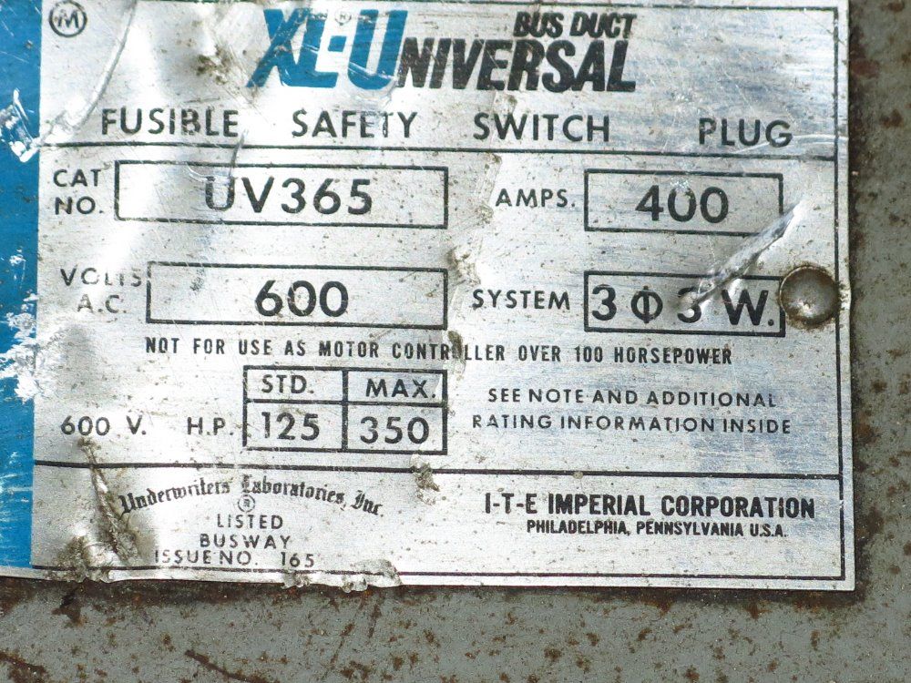 I-t-e 400 Amp / 600 Vac Bus Plug - Uv365