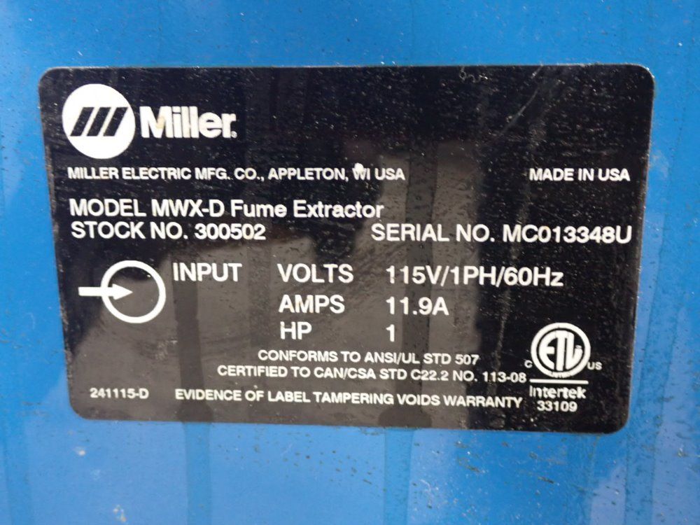 Miller Filtair/mwx-d Fume Extractor - Filtair/mwx-d