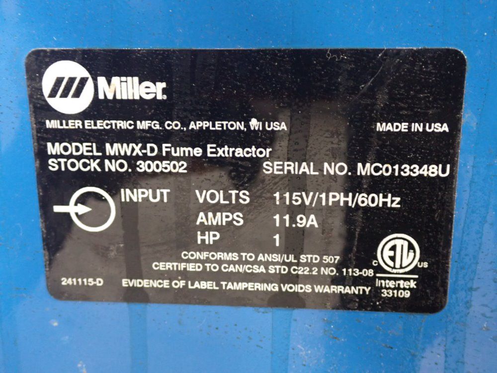 Miller Filtair/mwx-d Fume Extractor - Filtair/mwx-d