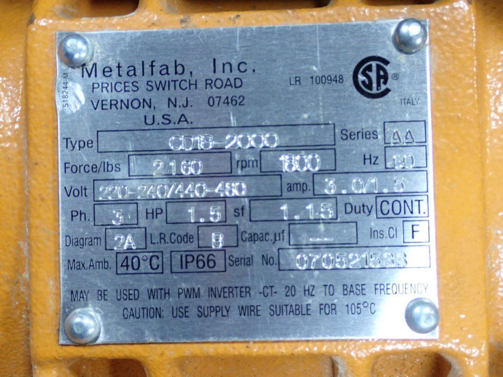 Metalfab Inc 1.5 Electrical Vibrator - Cd18-2000