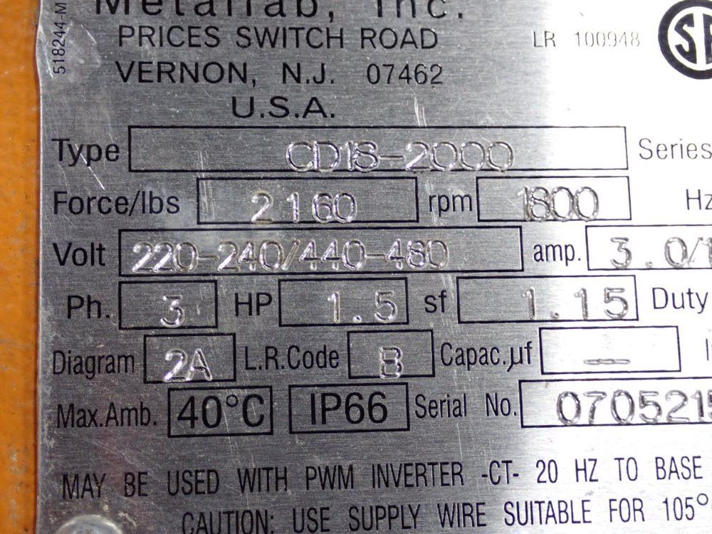 Metalfab Inc 1.5 Electrical Vibrator - Cd18-2000