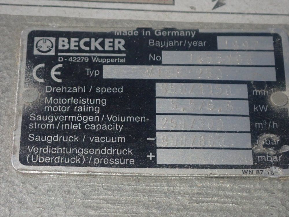 Becker 6.6 Hp Vtlf 250 Vacuum Pump - Vtlf 250