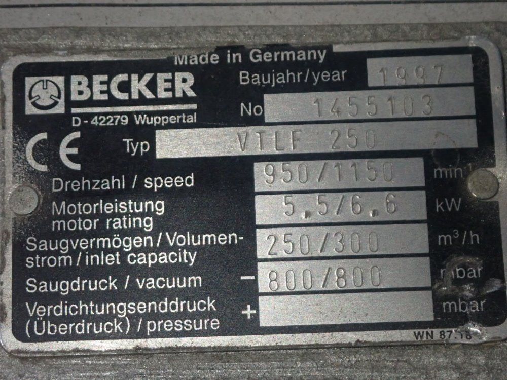 Becker 6.6 Hp Vtlf 250 Vacuum Pump - Vtlf 250
