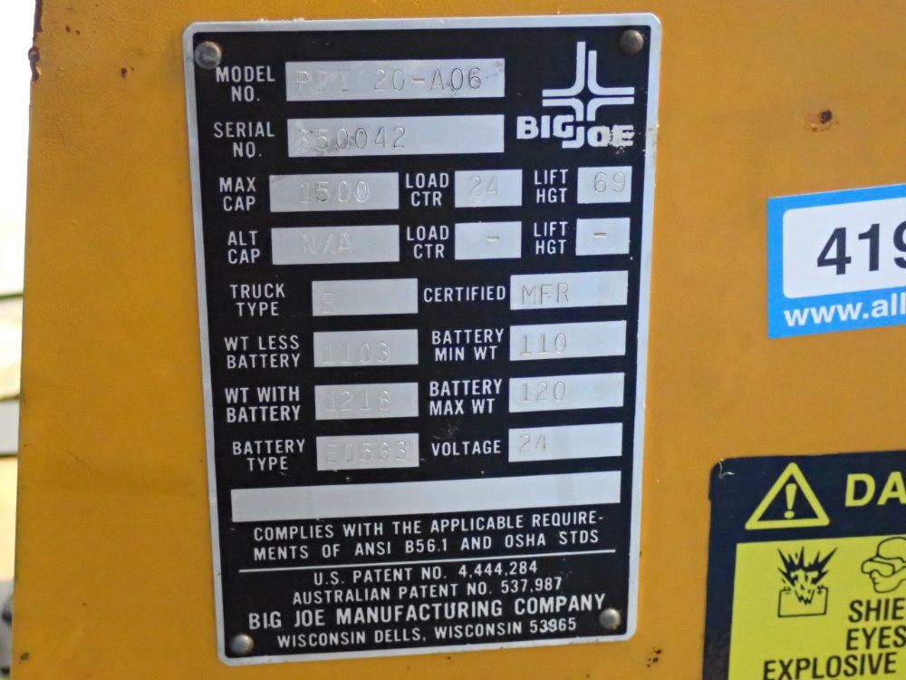 Big Joe 1500 Lbs. Electric Straddle Lift - Pdi20-a06