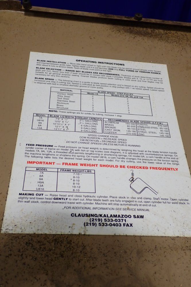Kalamazoo 19" X 9 1/2" H9aw Horizontal Band Saw - H9aw