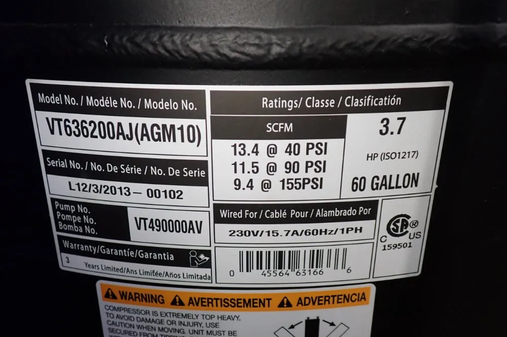 Kobalt 60 Gallons/3.7 Hp Air Compressor - Vt636200aj