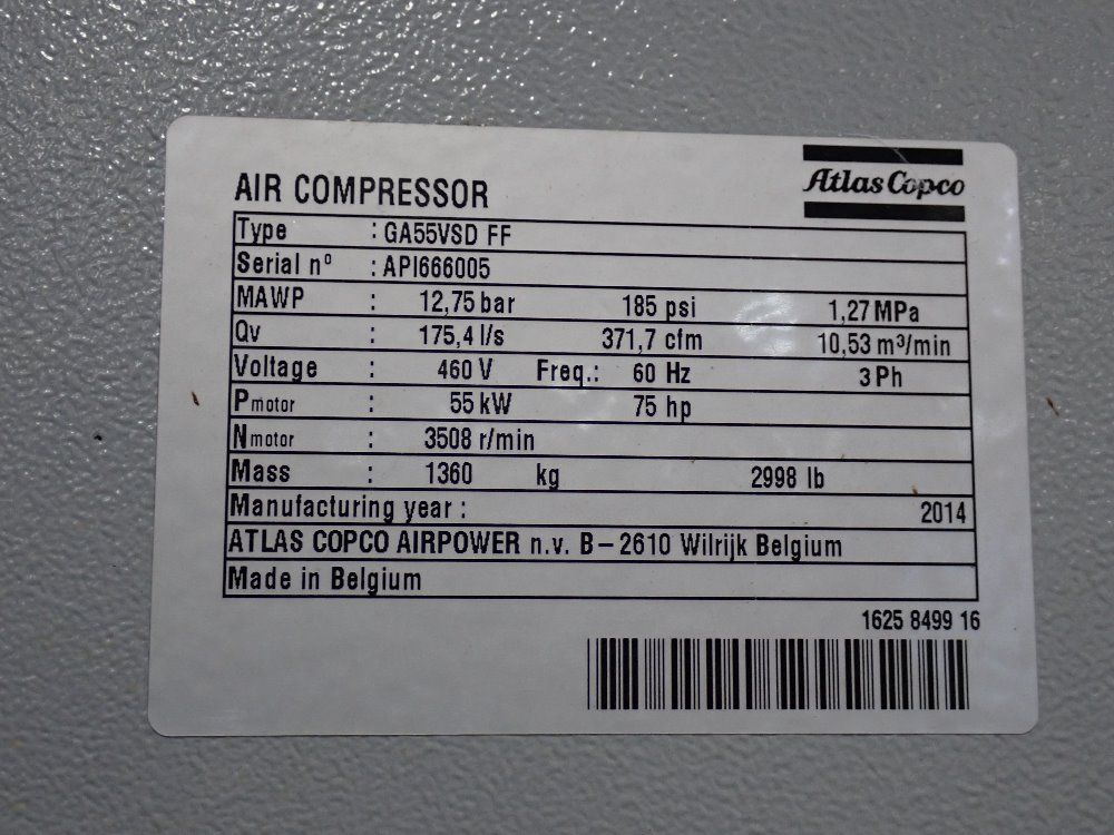 Atlas Copco 2014 Atlas Copco Ga55vsdff Air Compressor