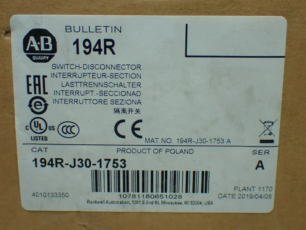 Allen-bradley Disconnect Switch - 194r-j30-1753