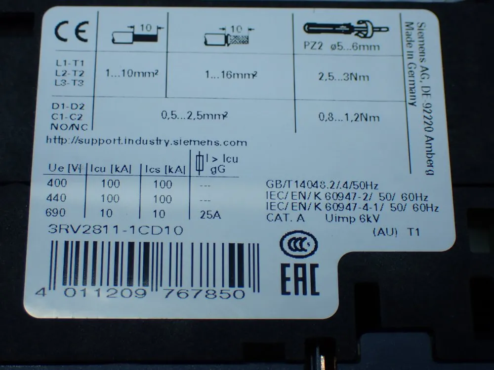 Siemens Motor Protection Circuit Breaker - 3rv2811-1cd10