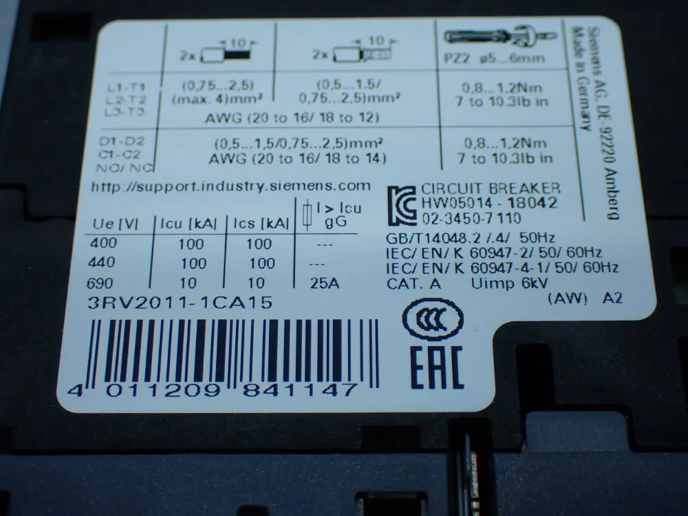 Siemens Motor Protection Circuit Breaker - 3rv2011-1ca15