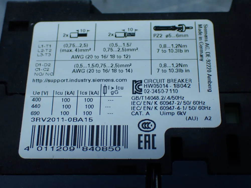 Siemens Motor Protection Circuit Breaker - 3rv2011-0ba15