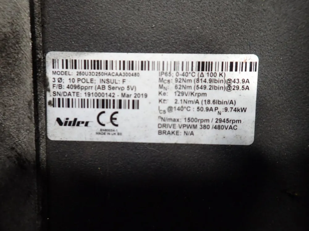Nidec 9.74 Kw Servo Motor - 250u3d250hacaa300480