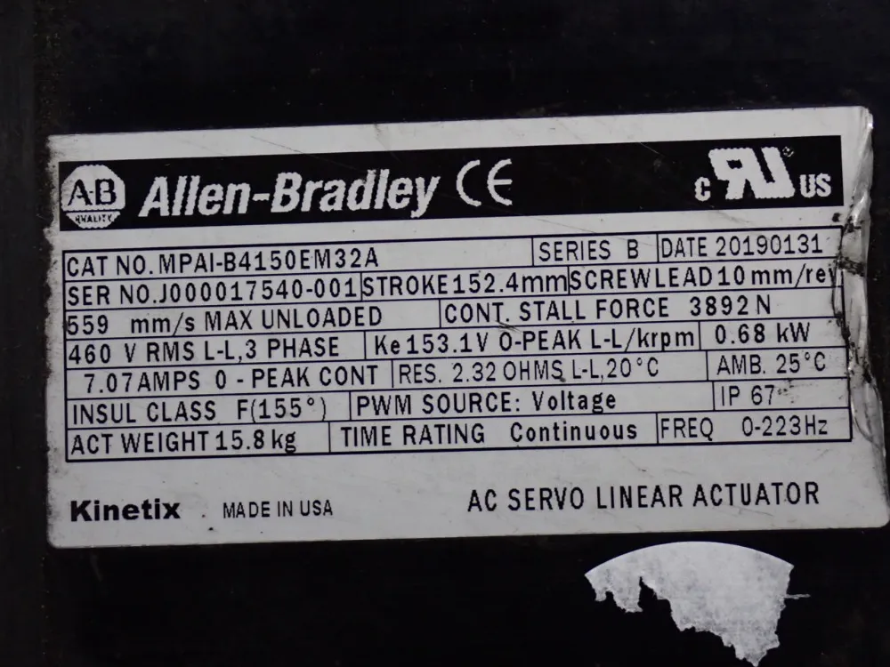 Allen Bradley .68 Kw Servo Linear Actuator - Mpai-b4150em32a