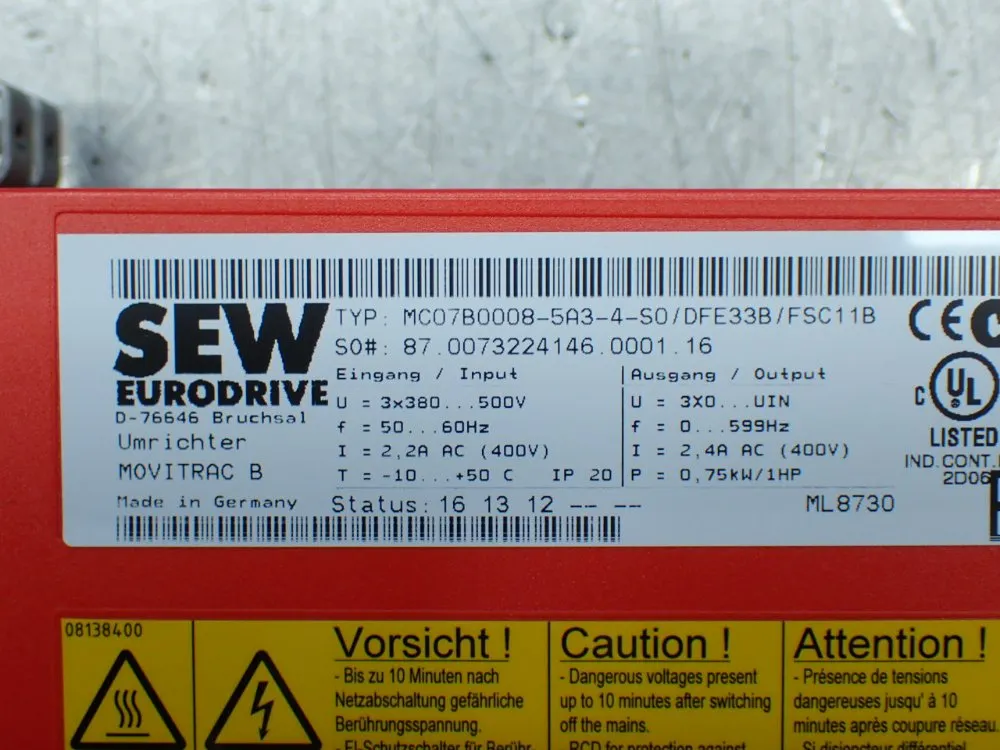 Sew Eurodrive Movitrac B Ac Servo Drive. - Mc07b0008-5a3-4-so