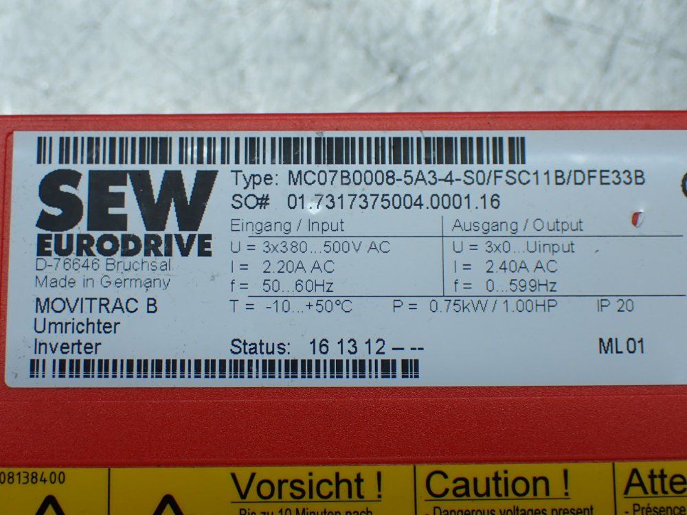 Sew Eurodrive Movitrac B Ac Servo Drive. - Mc07b0008-5a3-4-so