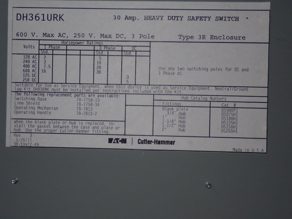 Cutler Hammer 30 Amp / 600 Vac Non Fusible Disconnect - Dh361urk