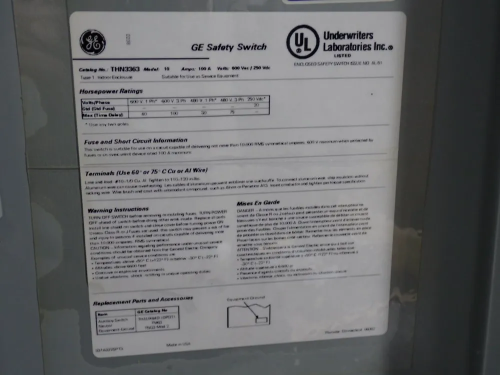 General Electric 100 Amp / 600 Vac Non Fusible Disconnect - Thn3363