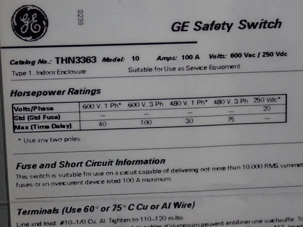 General Electric 100 Amp / 600 Vac Non Fusible Disconnect - Thn3363