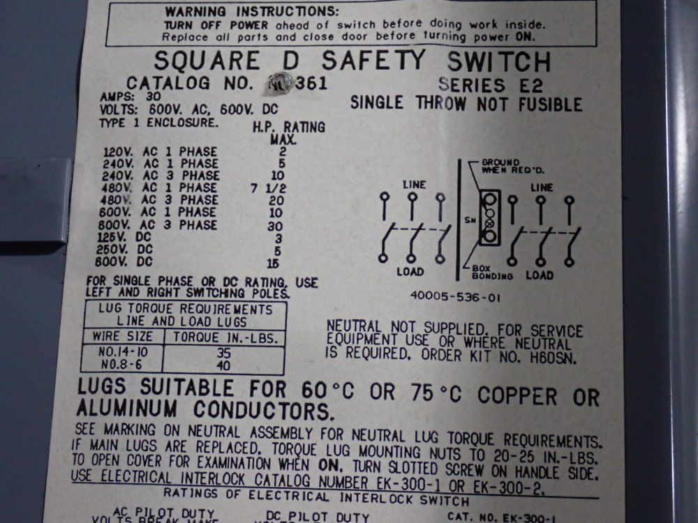 Square D 30 Amp / 600 Vac Non Fusible Disconnect