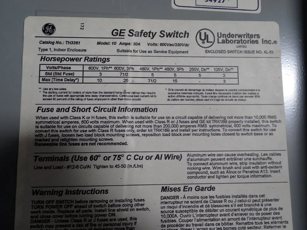General Electric 30 Amp / 600 Vac Fusible Disconnect - Th3361