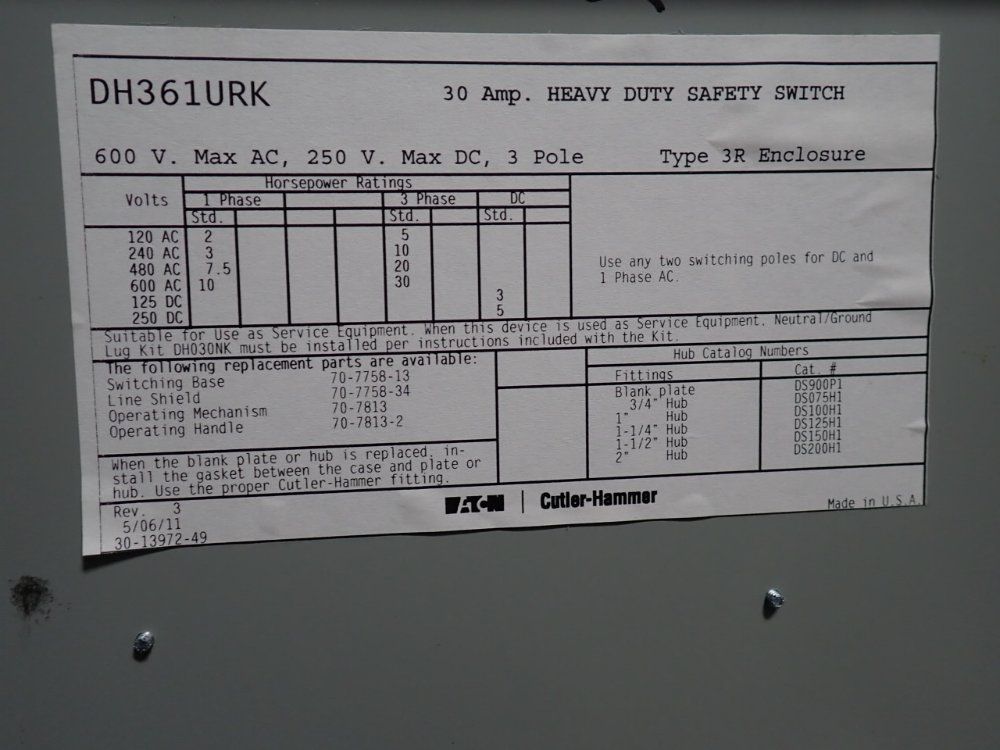 Eaton 30 Amp / 600 Vac Non Fusible Disconnect - Dh361urk
