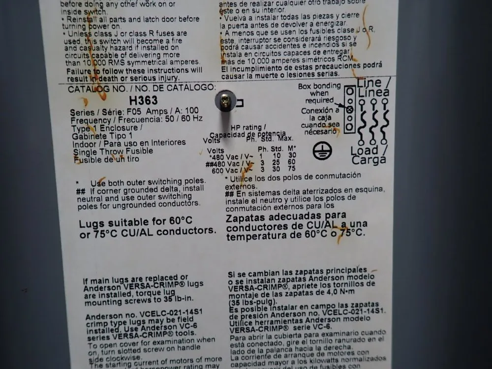 Square D 100 Amp / 600 Vac Fusible Disconnect - H363