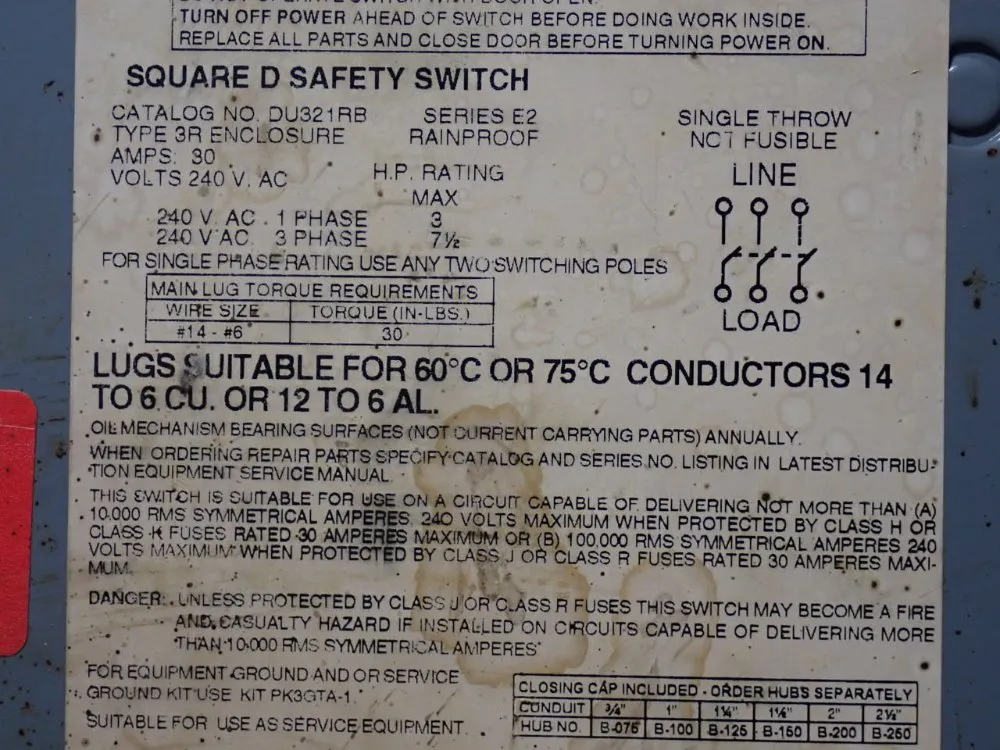 Square D 30 Amp / 240 Vac Non Fusible Disconnect - Du321rb