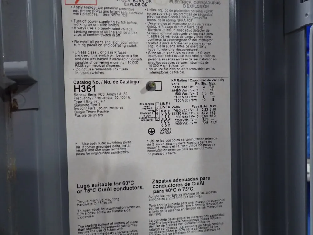 Square D 30 Amp / 600 Vac Fusible Disconnect - H361
