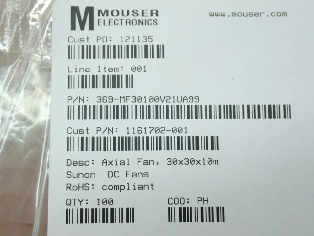 Mouser Electronics 30x30x10m Axial Fan Unit 100pcs - 369-mf30100v21ua99