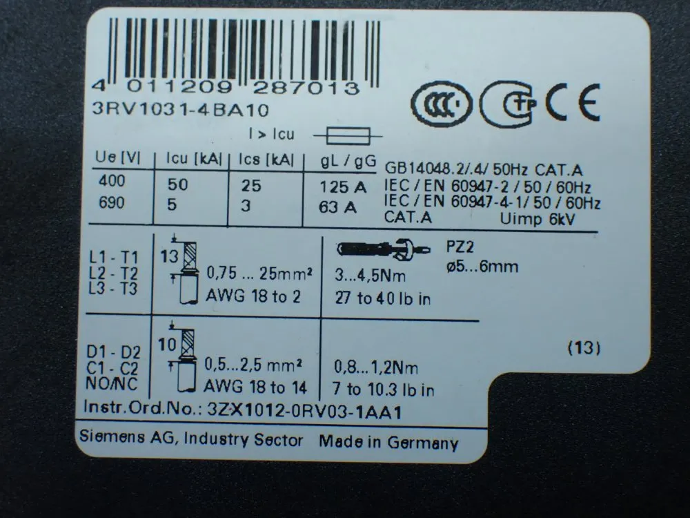 Siemens Motor Protection Circuit Breaker - 3rv1031-4ba10