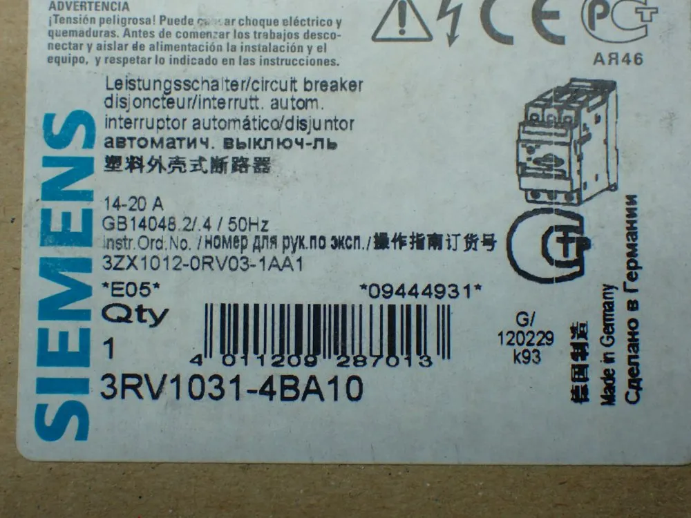 Siemens Motor Protection Circuit Breaker - 3rv1031-4ba10