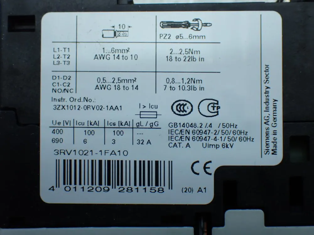 Siemens Motor Protection Circuit Breaker - 3rv1021-1fa10